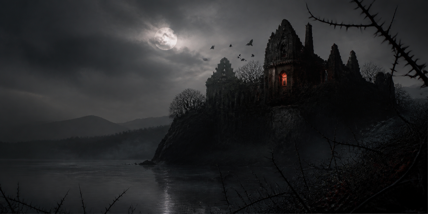 A ruined manor above a moonlit lake